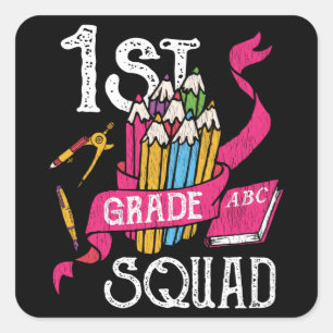 Erste Klasse Kinder Lehrerin Squad Dinosaurier Quadratischer Aufkleber