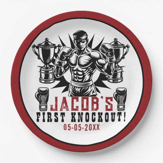 Erste Knock-out-Boxing-Geburtstagsparty Pappteller (Vorderseite)