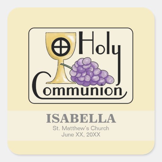 Erste Kommunaltrauben und -Cup, kundenspezifisch Quadratischer Aufkleber (Vorderseite)