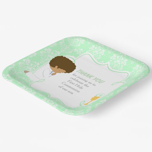 Erste Kommune Afrikanischer Grüner Damast Pappteller (Gewinkelt)