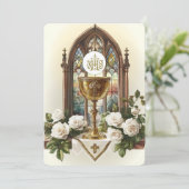 Erste Kommune Altar Chalice Host White Roses Einladung (Stehend Vorderseite)