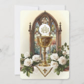 Erste Kommune Altar Chalice Host White Roses Einladung (Vorderseite)
