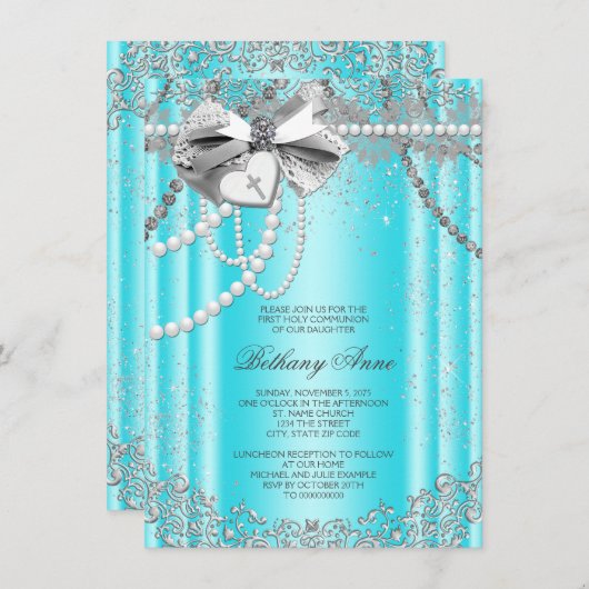 Erste Kommune aquamarin Blau und Graue Perle Einladung (Vorne/Hinten)