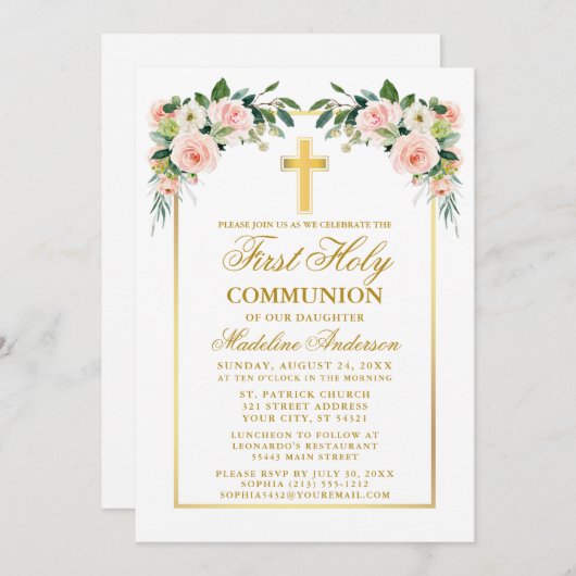 Erste Kommune Aquarellfarbe Rosa Rosa Blütenfarben Einladung (Vorne/Hinten)