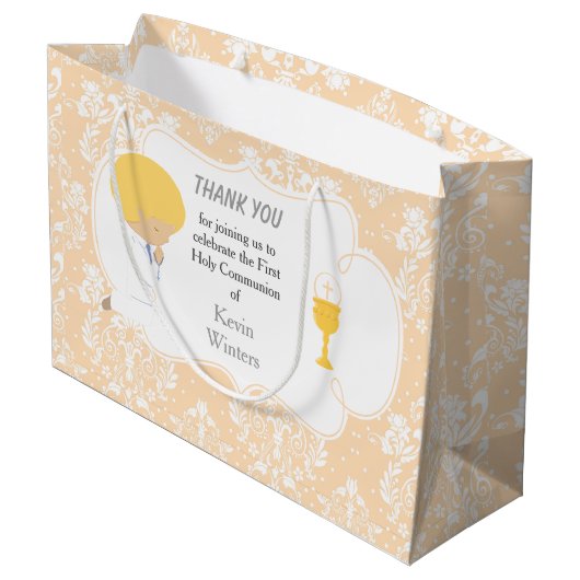 Erste Kommune Blonde Boy Peach Damask Große Geschenktüte (Rückseite Schrägansicht)