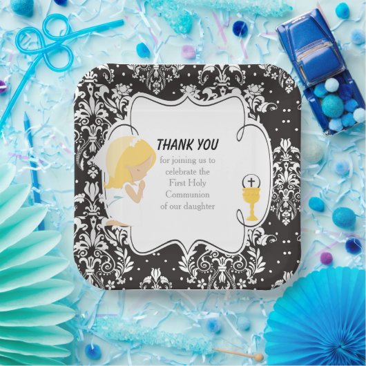 Erste Kommune Blonde Girl Black Damask Pappteller (Party)