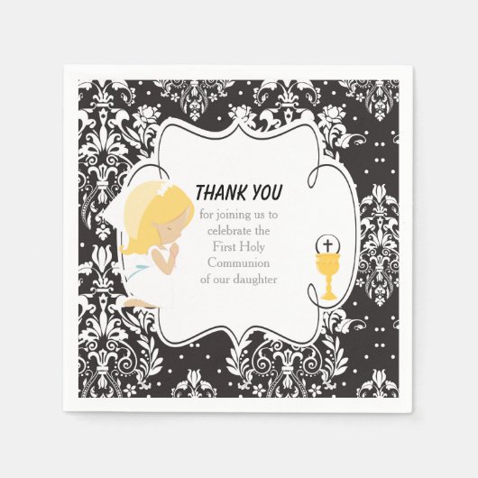 Erste Kommune Blonde Girl Black Damask Serviette (Vorderseite)