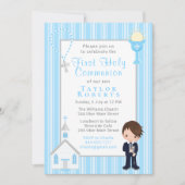 Erste Kommune Blue Stripes Brown Haare Boy Invita Einladung (Vorderseite)