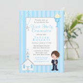 Erste Kommune Blue Stripes Brown Haare Boy Invita Einladung (Stehend Vorderseite)