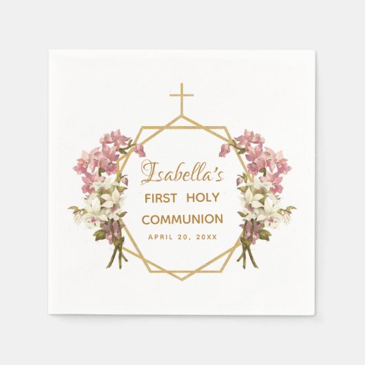 Erste Kommune Blumengold Orchideen Kreuz Serviette (Vorderseite)