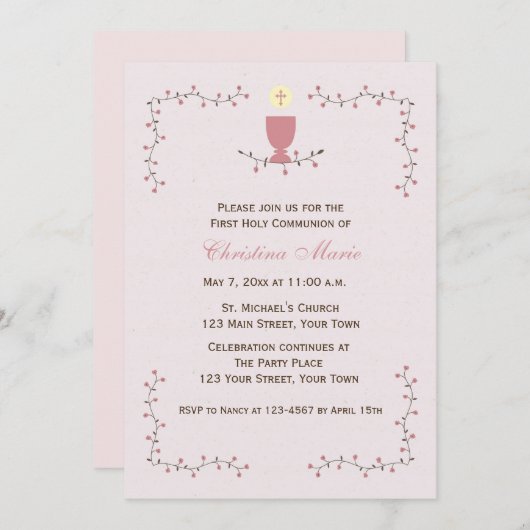 Erste Kommune, Blumenrinde mit rosa Chalice Einladung (Vorne/Hinten)
