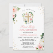 Erste Kommune Blush Pink Floral Gold Glitzer Einladung (Vorderseite)