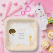 Erste Kommune Brünett Boy Beige Damask Pappteller (Party)