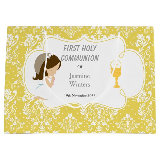 Erste Kommune Brünett Girl Gold Damask Große Geschenktüte (Vorderseite)