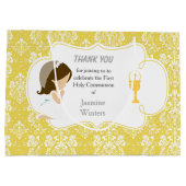 Erste Kommune Brünett Girl Gold Damask Große Geschenktüte (Rückseite)