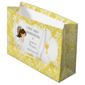 Erste Kommune Brünett Girl Gold Damask Große Geschenktüte (Vorderseite Schrägansicht)