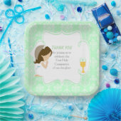 Erste Kommune Brünett Girl Green Damask Pappteller (Party)