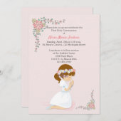 Erste Kommune Brünett Girl Pink Einladung (Vorne/Hinten)