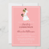 Erste Kommune Brünett Girl Pink Einladung (Vorderseite)