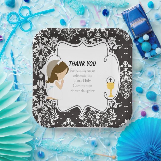 Erste Kommune Brünette Girl Black Damask Pappteller (Party)