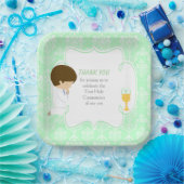 Erste Kommune Brünetter Junge Green Damask Pappteller (Party)