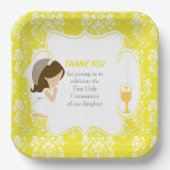 Erste Kommune Brünettes Mädchen Gelbe Damaske Pappteller (Vorderseite)