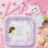 Erste Kommune Brünettes Mädchen Lila Damask Pappteller (Party)