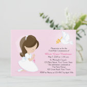 Erste Kommune, Brünettes Mädchen, rosa Einladung (Stehend Vorderseite)