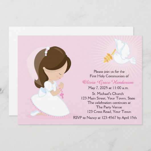 Erste Kommune, Brünettes Mädchen, rosa Einladung (Vorne/Hinten)