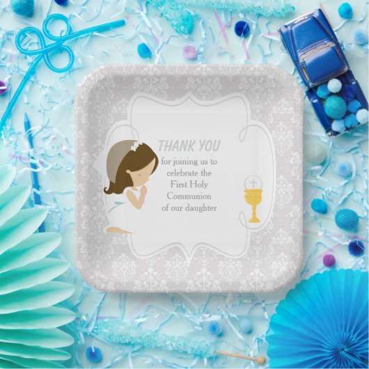 Erste Kommune Brünettes Mädchen Silver Damask Pappteller (Party)