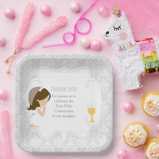 Erste Kommune Brünettes Mädchen Silver Damask Pappteller (Party)