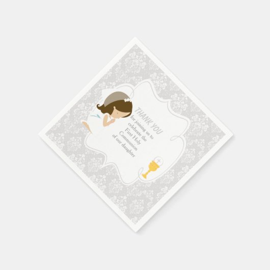 Erste Kommune Brünettes Mädchen Silver Damask Serviette (Ecke)