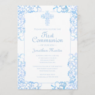 Erste Kommune Cross Blue Damask Christlicher Junge Einladung