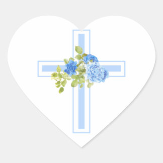 Erste Kommune Cross Blue Rose Blütenblüte Herz-Aufkleber