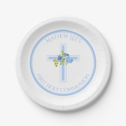Erste Kommune Cross Blue Rose Mit Monogramm Name Pappteller (Vorderseite)