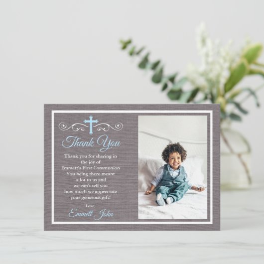 Erste Kommune Danke, dass Sie Card Boy Blue Gray Einladung (Stehend Vorderseite)