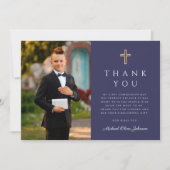 Erste Kommune des Blue Cross Boy Foto Dankeskarte (Vorderseite)