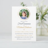 Erste Kommune des Navy Blue und Gold Custom Foto Einladung (Stehend Vorderseite)