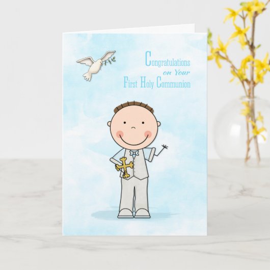 Erste Kommune, Dunkler Haarjunge, Gratulation Karte (Gelbe Blume)