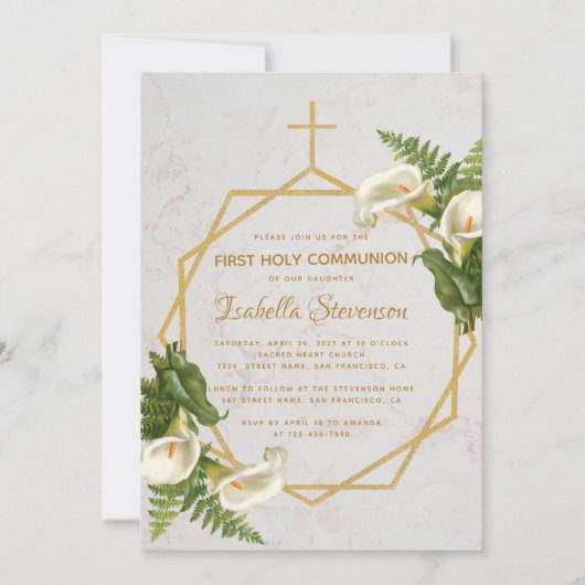 Erste Kommune Floral Gold Marmor Calla Lilies Einladung (Vorderseite)