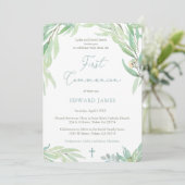 Erste Kommune für Junge mit Blätter des Grünen Frü Einladung (Stehend Vorderseite)