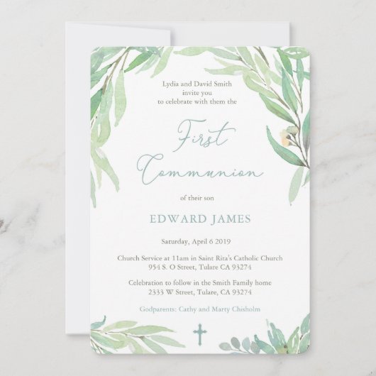 Erste Kommune für Junge mit Blätter des Grünen Frü Einladung (Vorderseite)