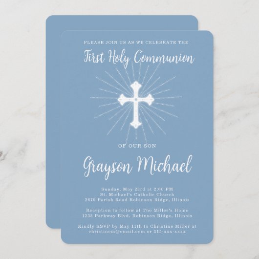 Erste Kommune für Son Dusty Blue Cross Einladung (Vorne/Hinten)