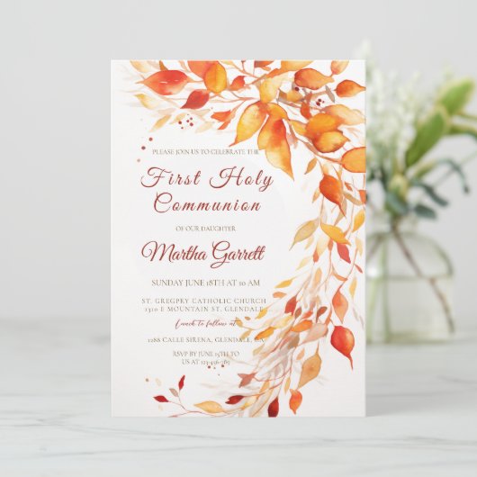 Erste Kommune Gelb und Rot Herbstlaub Einladung (Stehend Vorderseite)