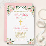 Erste Kommune Gold Aquarellfarbe Rosa Bläschen Einladung<br><div class="desc">Die elegante Wasserfarbe Rosa Weiße Blüte Erste Heilige Kommunion Einladung umfasst rosa Rosen,  weiße Blume und Grün. Gold Cross.</div>