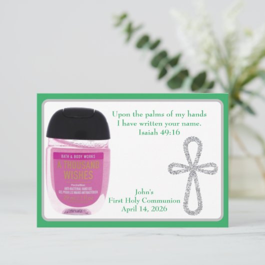 Erste Kommune Hand Sanitizer Gefälligkeitskarten Einladung (Stehend Vorderseite)