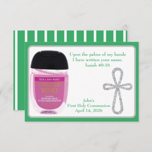 Erste Kommune Hand Sanitizer Gefälligkeitskarten Einladung (Vorne/Hinten)