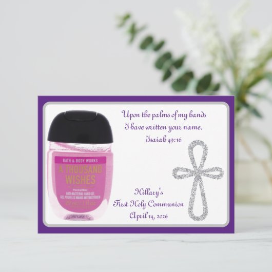 Erste Kommune Hand Sanitizer Gefälligkeitskarten Einladung (Stehend Vorderseite)