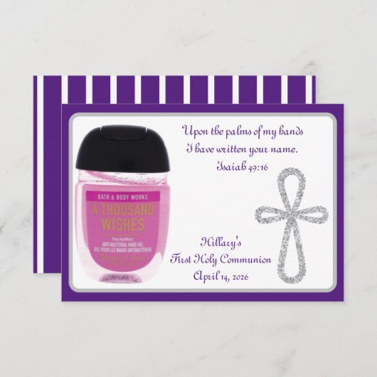 Erste Kommune Hand Sanitizer Gefälligkeitskarten Einladung (Vorne/Hinten)