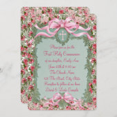 Erste Kommune hübsch Grün und Rosa Rose Einladung (Vorne/Hinten)